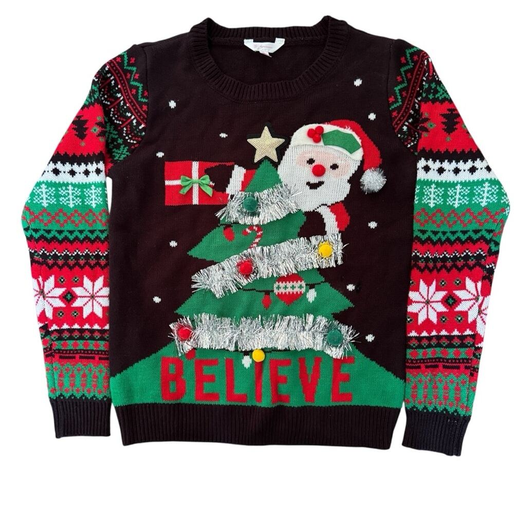 No Boundaries Women Black Christmas Sweater Santa and Tree Tinsel Size L 11-13